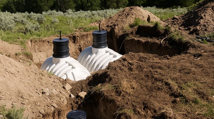 Three white plastic septic tanks partially buried in an excavated trench on a sunny day, with green hills and trees in the background.