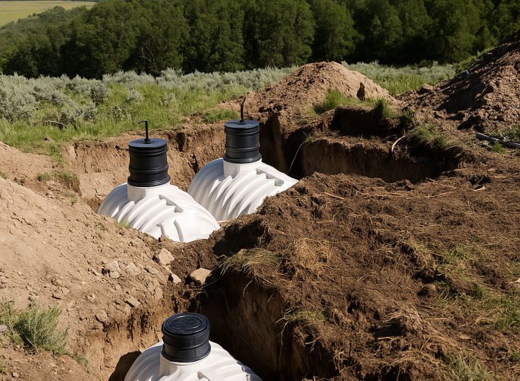 Three white plastic septic tanks partially buried in an excavated trench on a sunny day, with green hills and trees in the background.